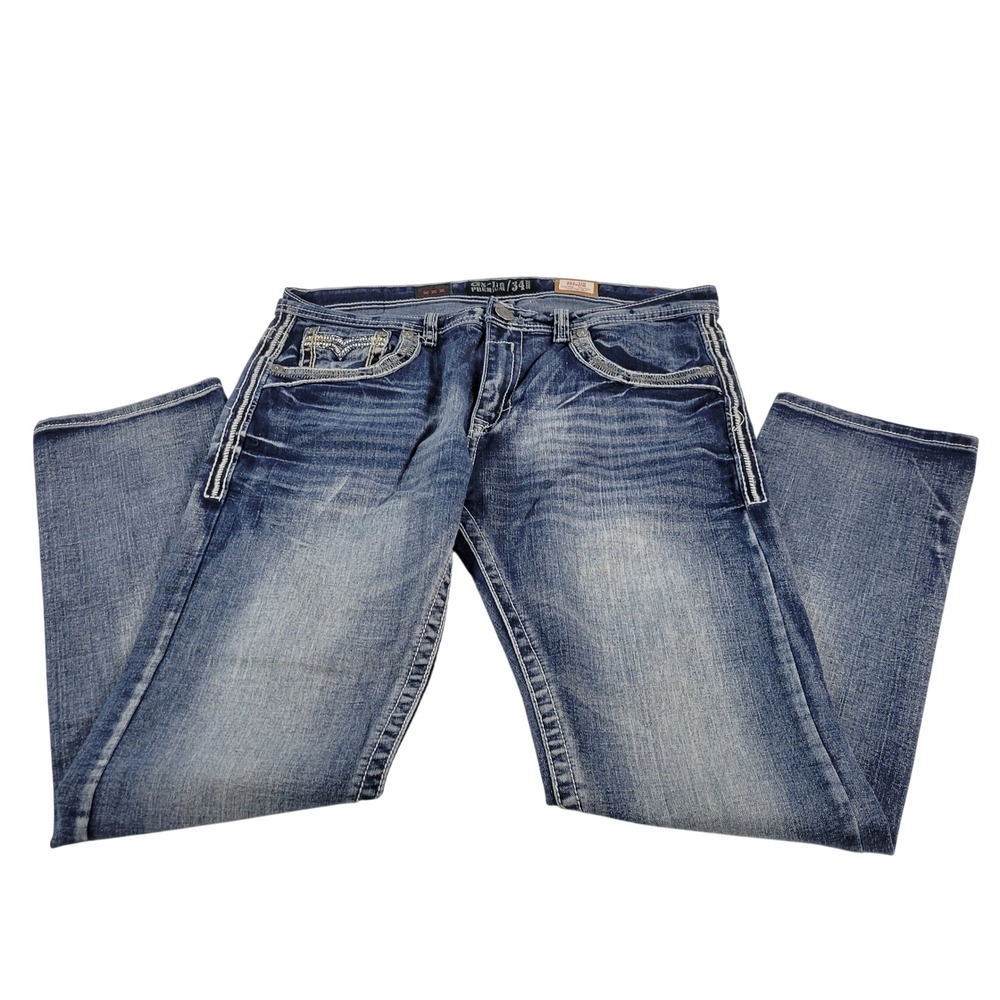 GS 115‎ Premium Men's Blue Wash Denim Jeans Size 34x34 Embellished Pockets